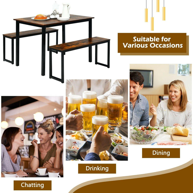 3-Piece Dining Table Set with 2 Benches, Kitchen Bench Table Set - Giantexus