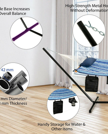 12Ft Hammock with Stand, 2 Person Heavy-Duty Steel Hammock Stand, 450 lbs Capacity (Blue and Beige Striped) - Giantexus