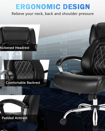 500LBS Leather Office Chair, Height Adjustable Big and Tall Executive Chair - Giantexus