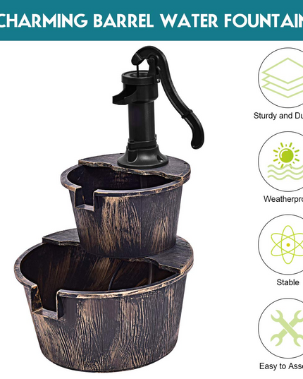 Giantex 2-Tier Rustic Barrel Waterfall Fountain with Pump