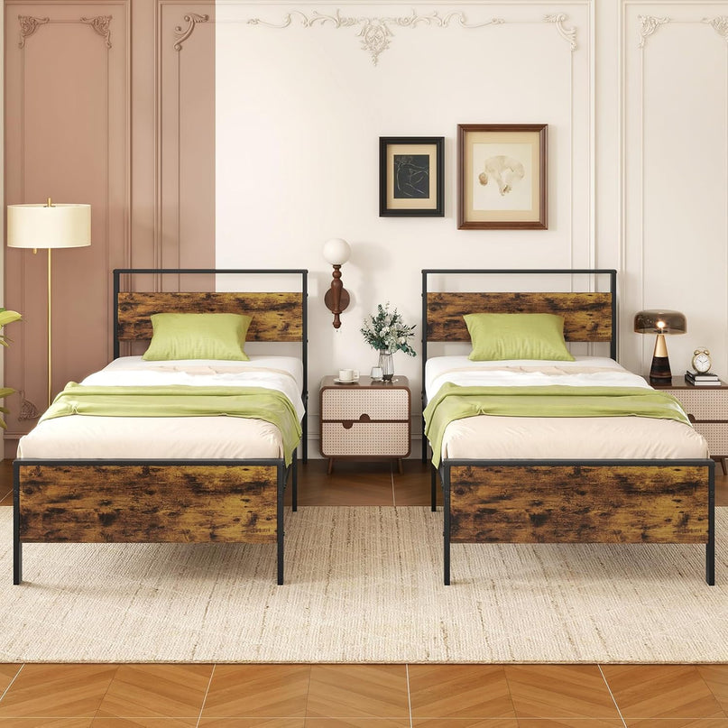 Cadres de lit plateforme en métal Giantex (taille double/complète/King/Queen) avec tête et pied de lit en bois