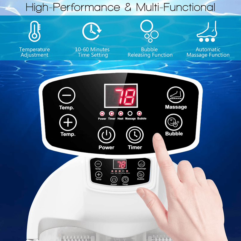 Giantex Foot Spa Bath Massager with Heat Bubbles, 6 Motorized Massage Rollers, Fast Heating, Red Light, Adjustable Temperature & Time (Blue/White) - Giantexus