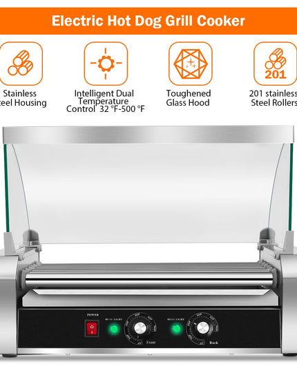 Giantex 7 Non-Stick Rollers 18 Hot Dog Sausage Grill Cooker Machine with Removable Stainless Steel Drip Tray and Glass Hood Cover