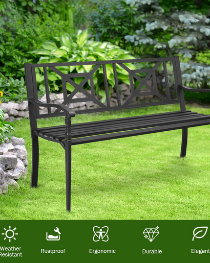 Giantex Elegant Loveseat w/Decorative Backrest & Ergonomic Armrest for Outdoor Garden, Backyard, Lawn, Porch, Path (Black)