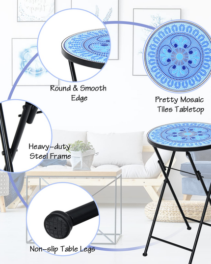 Giantex Folding Mosaic Patio Table, 14'' Outdoor Side Table Round Accent Table Plant Stand with Ceramic Tile Top
