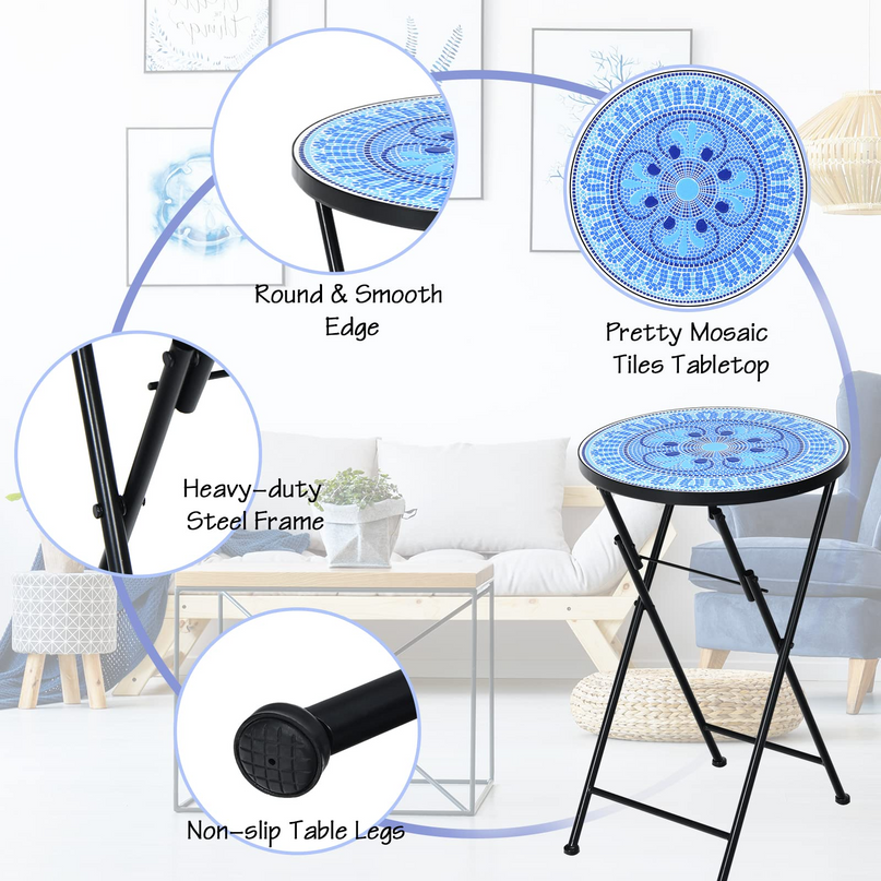 Giantex Folding Mosaic Patio Table, 14'' Outdoor Side Table Round Accent Table Plant Stand with Ceramic Tile Top