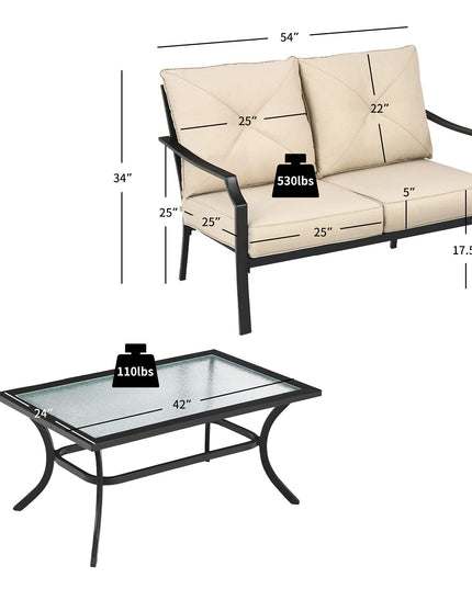 Giantex 2 Pcs Patio Loveseat Set, 2 Seat Bench Sofa with Coffee Table(Beige)