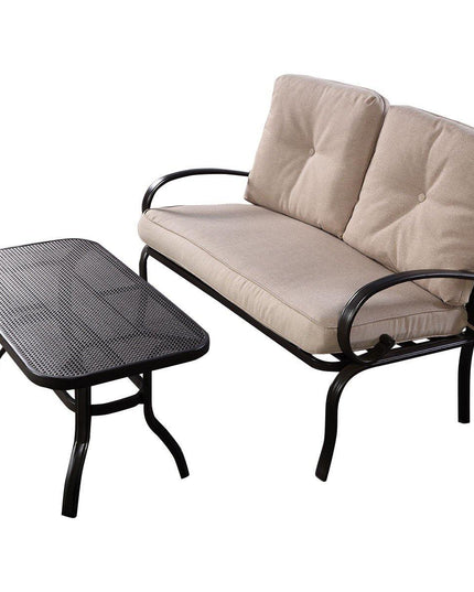 2 Pcs Patio Loveseat with Coffee Table Outdoor Bench with Cushion and Metal Frame(Beige & Black) - Giantexus