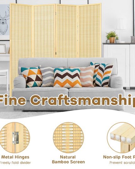 Giantex 4 Panel 6 Ft Tall Bamboo Room Divider, Folding Privacy Screen, Natural - Giantexus