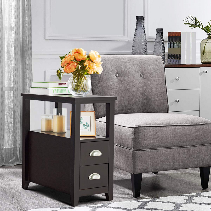 Giantex End Table Wooden W/ 2 Drawers and Shelf Space-Saving Rectangular Bedside Table