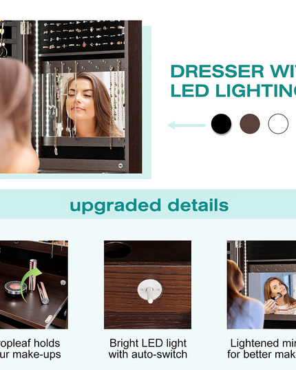CHARMAID LED Strip Jewelry Armoire with 47.2" H Full Length Mirror