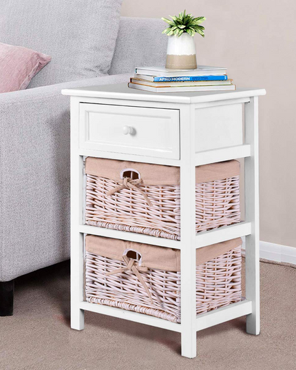 Giantex Wooden Nightstand 3 Tiers W/ 2 Baskets and 1 Drawer Bedside Sofa Storage Organizer