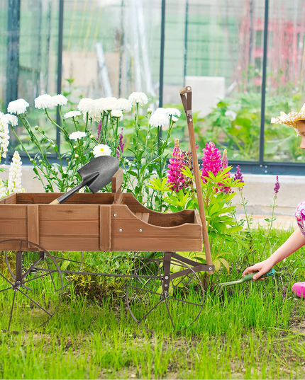 Giantex Decorative Garden Planter, Small Wagon Cart with Metal Wheels, Wood Raised Beds Plant Pot Stand for Backyard Garden Patio 24.5"x13.5"x24"