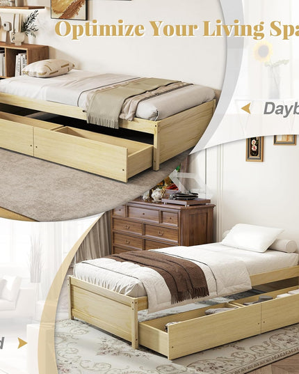 Giantex Twin Bed Frame with 2 Storage Drawers, Solid Wood Platform Bed with Slats Support