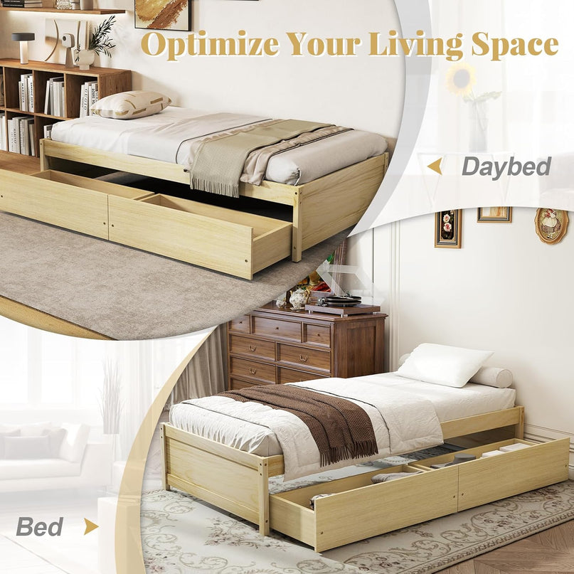 Giantex Twin Bed Frame with 2 Storage Drawers, Solid Wood Platform Bed with Slats Support