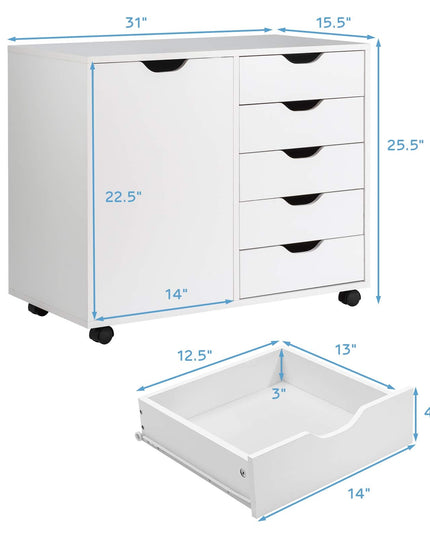 Giantex Drawers Cabinet Mobile Lateral Filing Organizer with 5 Drawers,1 Side Cabinet and Wheels Mobile Side Cabinet Chest