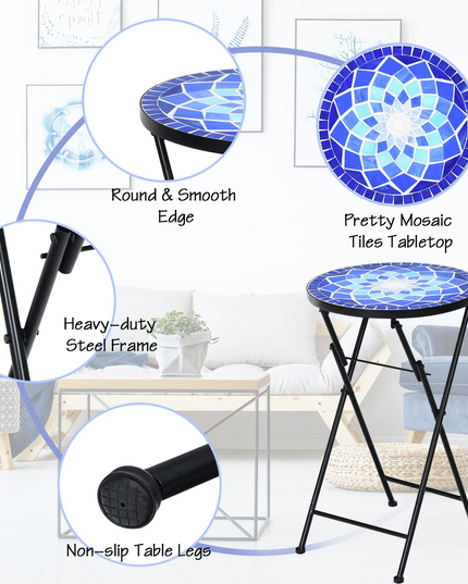 Giantex Folding Mosaic Patio Table, 14'' Outdoor Side Table Round Accent Table Plant Stand with Ceramic Tile Top