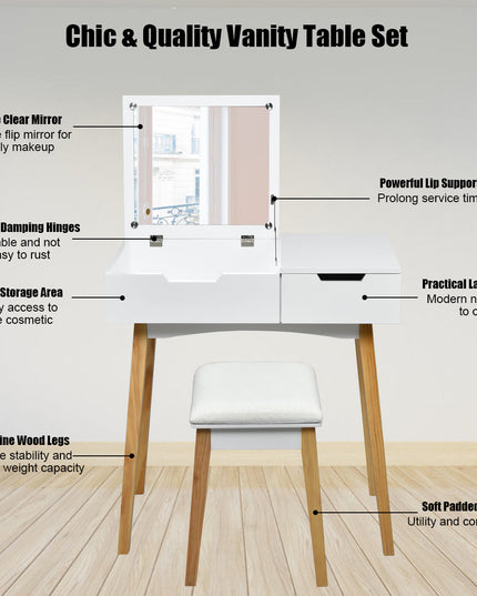 CHARMAID Vanity Table with Flip Top Mirror and Cushioned Stool, White - Giantexus