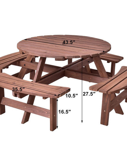 Giantex Wooden Picnic Table Set with Wood Bench, 4 Adults or 8 Kids Outdoor Round Table with Umbrella Hold Design