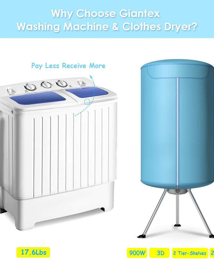 17.6lbs Portable Washing Machine 900W with Electric Heating Clothes Dryer Ventless Laundry Dryer and Heater for Home and Apartment - Giantexus