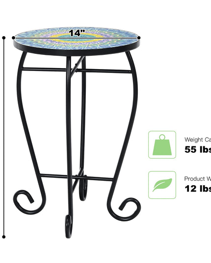 Giantex Folding Mosaic Patio Table, 14'' Outdoor Side Table Round Accent Table Plant Stand with Ceramic Tile Top