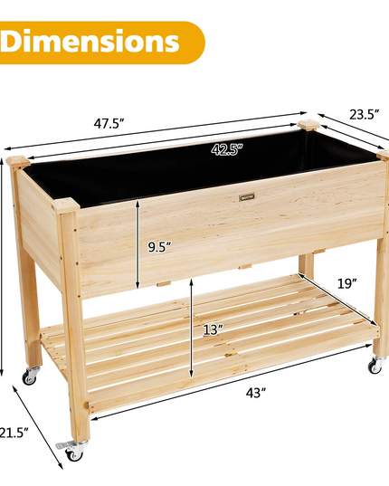 Raised Garden Bed on Wheels, 47.5" L X 23.5" W X 33" H