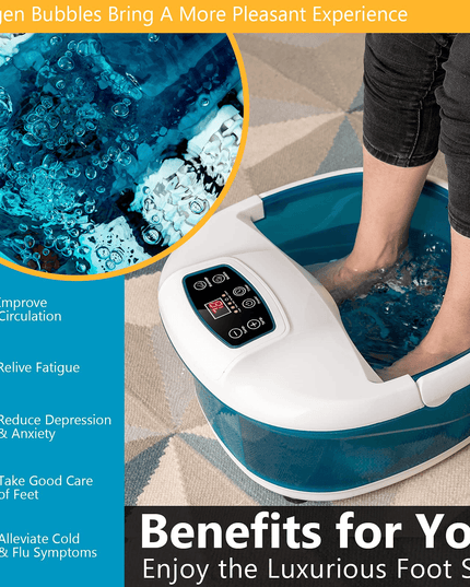 Giantex Foot Spa Bath Massager with Heat Bubbles, 6 Motorized Massage Rollers, Fast Heating, Red Light, Adjustable Temperature & Time (Blue/White) - Giantexus