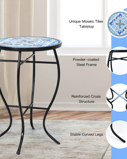 Giantex Folding Mosaic Patio Table, 14'' Outdoor Side Table Round Accent Table Plant Stand with Ceramic Tile Top