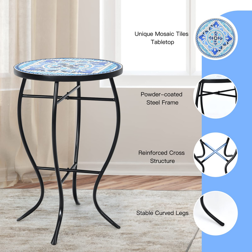 Giantex Folding Mosaic Patio Table, 14'' Outdoor Side Table Round Accent Table Plant Stand with Ceramic Tile Top