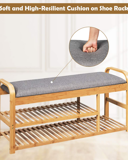 Giantex Shoe Rack Bench, Entryway 3-Tier Bamboo Shoe Organizer with Cushion (Natural and Grey)