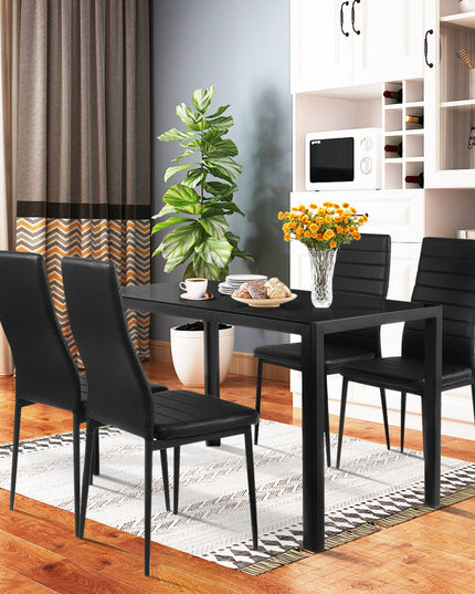 5 Piece Kitchen Dining Table Set with Glass Table Top Leather Padded 4 Chairs (Black) - Giantexus