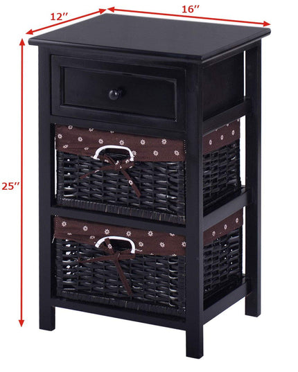 Giantex Wooden Nightstand 3 Tiers W/ 2 Baskets and 1 Drawer Bedside Sofa Storage Organizer