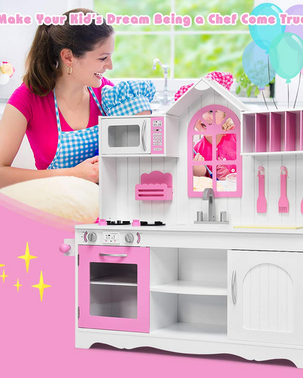 Giantex Wood Play Kitchen, Pink Kids Kitchen Playset for Toddlers