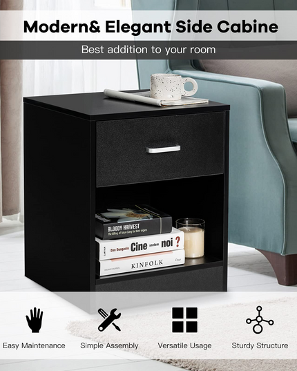 Giantex Nightstand w/Drawer, 2-Tier Wooden Bedside Table, Black