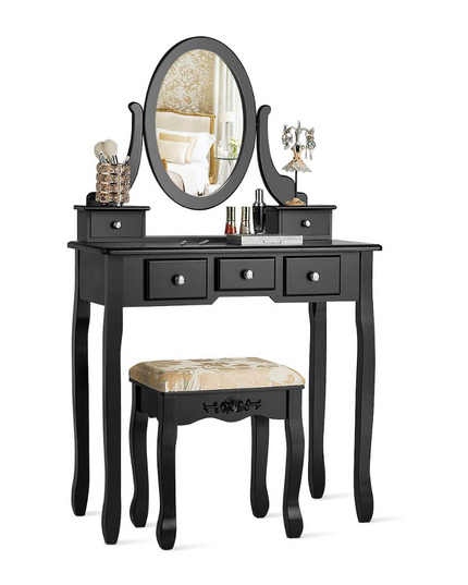 CHARMAID Vanity Table Set with Rotatable Oval Mirror (Black) - Giantexus