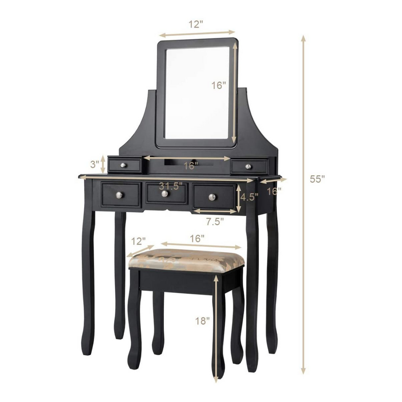 CHARMAID Makeup Vanity Set with Mirror and Cushioned Stool, 5 Drawers and Removable Storage Organizers - Giantexus