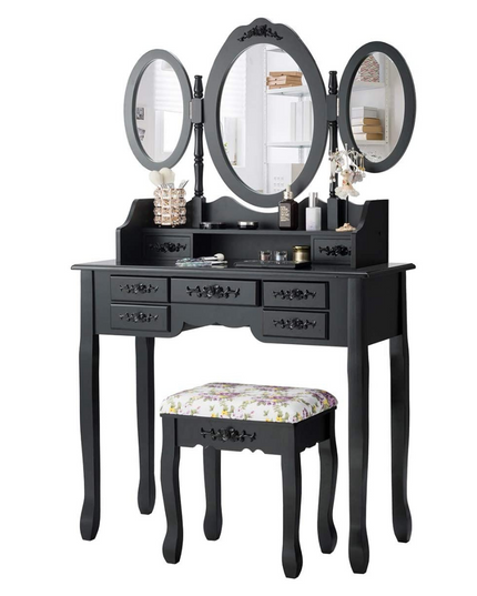 Vanity Set with Tri-Folding Mirror and Cushioned Stool - Giantex