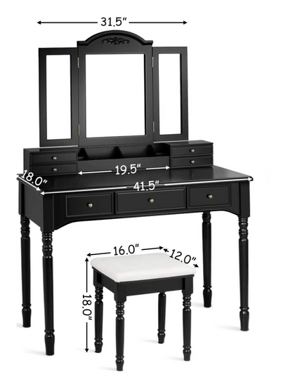 Vanity Set with Tri-Folding Mirror & 8 Necklace Hooks, 7 Drawers, 2 Dividers, 6 Desktop Makeup Organizers - Giantexus