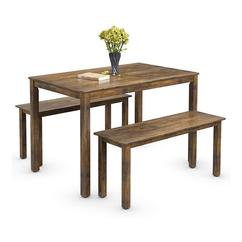 Wooden 3 Pcs Kitchen Dining Room Furniture for 4, Modern Studio Collection Table Set with 2 Benches, Dinette Set (Coffee Brown)