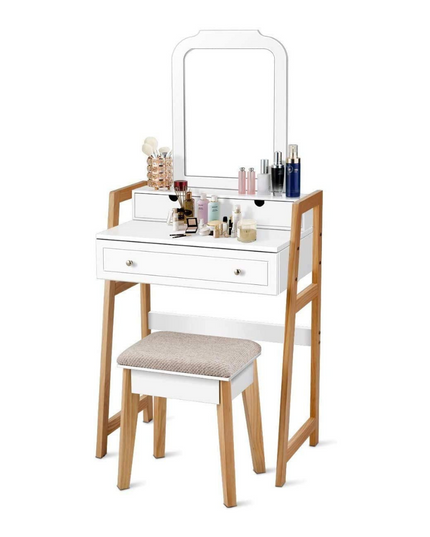 CHARMAID Vanity Set with 2-Tier Tabletop & 3 Drawers, 25inch Dressing Table with Large Mirror and Cushioned Stool - Giantexus