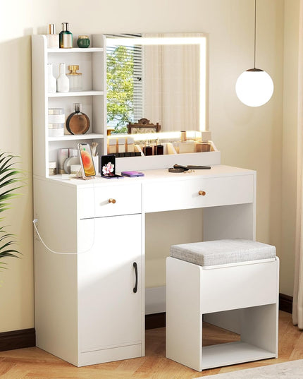 CHARMAID Vanity Desk with Mirror and Lights, Makeup Vanity Desk with Drawers, Shelves, Side Cabinet