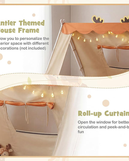 Giantex Twin Floor Bed for Kids, House Wood Bed Frame with Tent