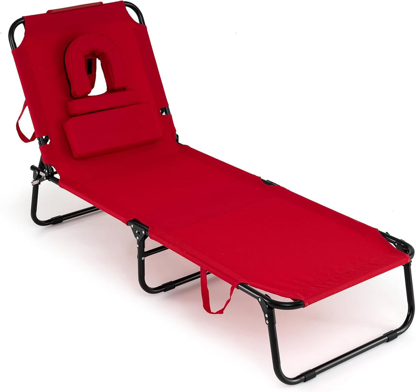 Giantex Folding Beach Tanning Chair - Adjustable Patio Lounge Chair w/Face Hole