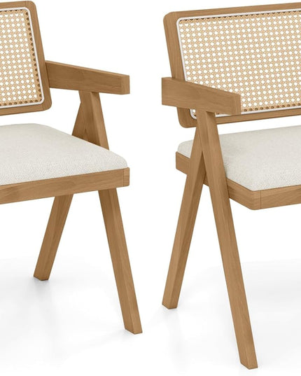 Giantex Rattan Dining Chairs, Leathaire Kitchen Chairs w/Armrests & Padded Cushion
