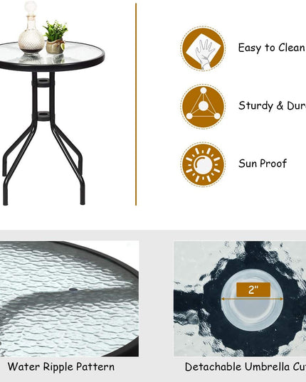 Giantex Patio Dining Set Round Glass Table with 2 Patio Folding Chairs(Brown)