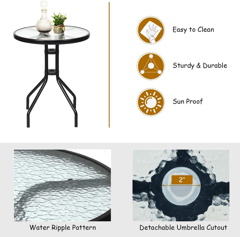 Giantex Patio Dining Set Round Glass Table with 2 Patio Folding Chairs(Brown)