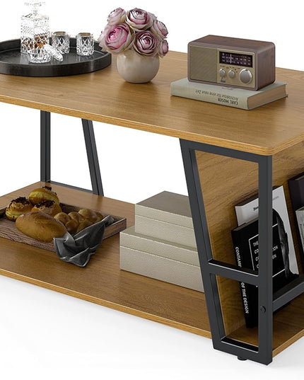 Giantex Modern 2-Tier Rustic Wood Rectangular Geometric Coffee Table with Storage