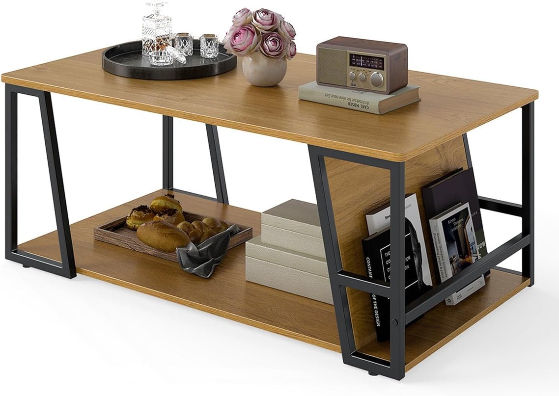 Giantex Modern 2-Tier Rustic Wood Rectangular Geometric Coffee Table with Storage