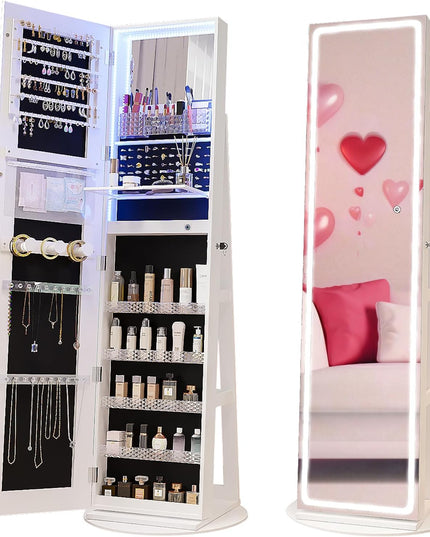 CHARMAID LED Mirror Jewelry Cabinet Armoire 360° Swivel, 63" H 3-Color Lighted Full Length Mirror