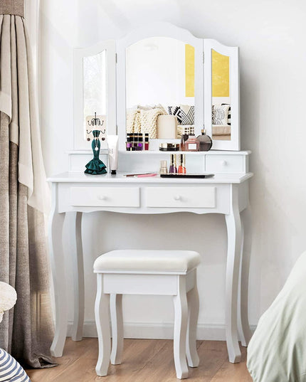 Vanity Table Set with Tri-Folding Mirror and 4 Drawers - Giantexus